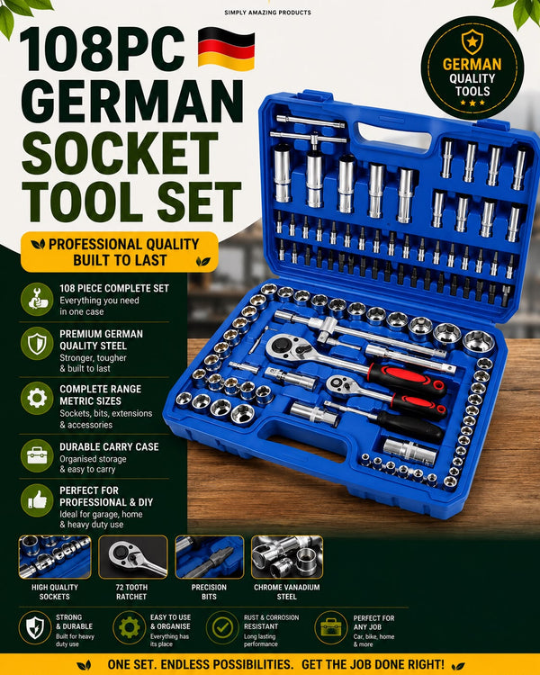 108 Piece Professional Socket & Ratchet Tool Set with Carry Case