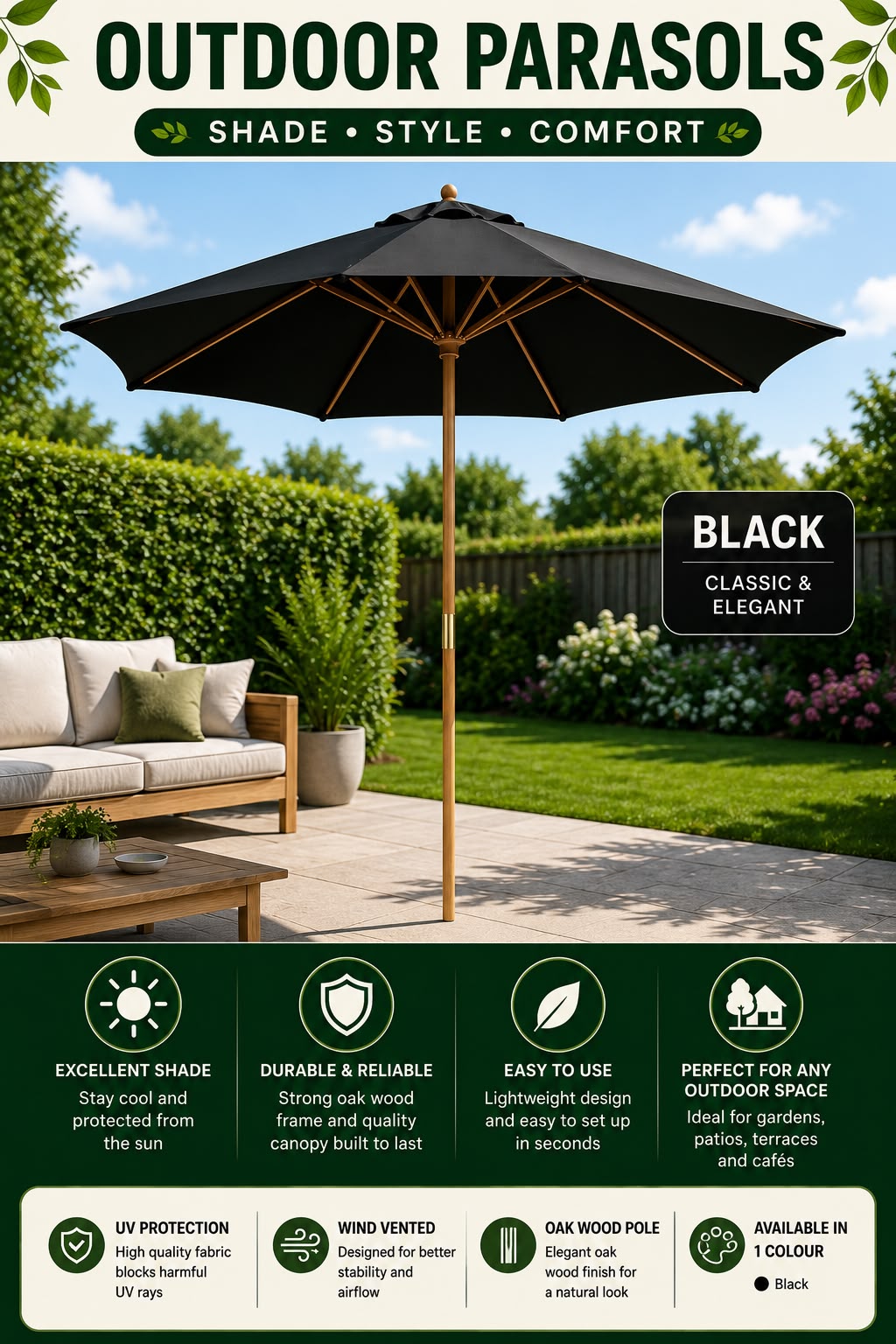 Outdoor Garden Parasol with Oak Wood Pole – Black Patio Sun Umbrella