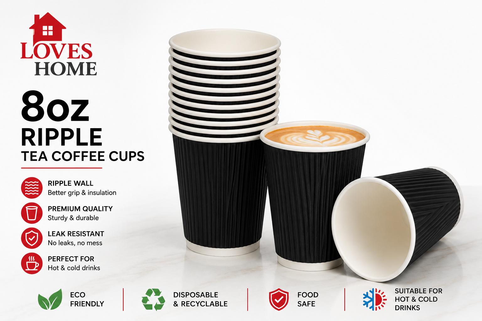 500 x 8oz Ripple Wall Disposable Tea & Coffee Cups – Black or Brown