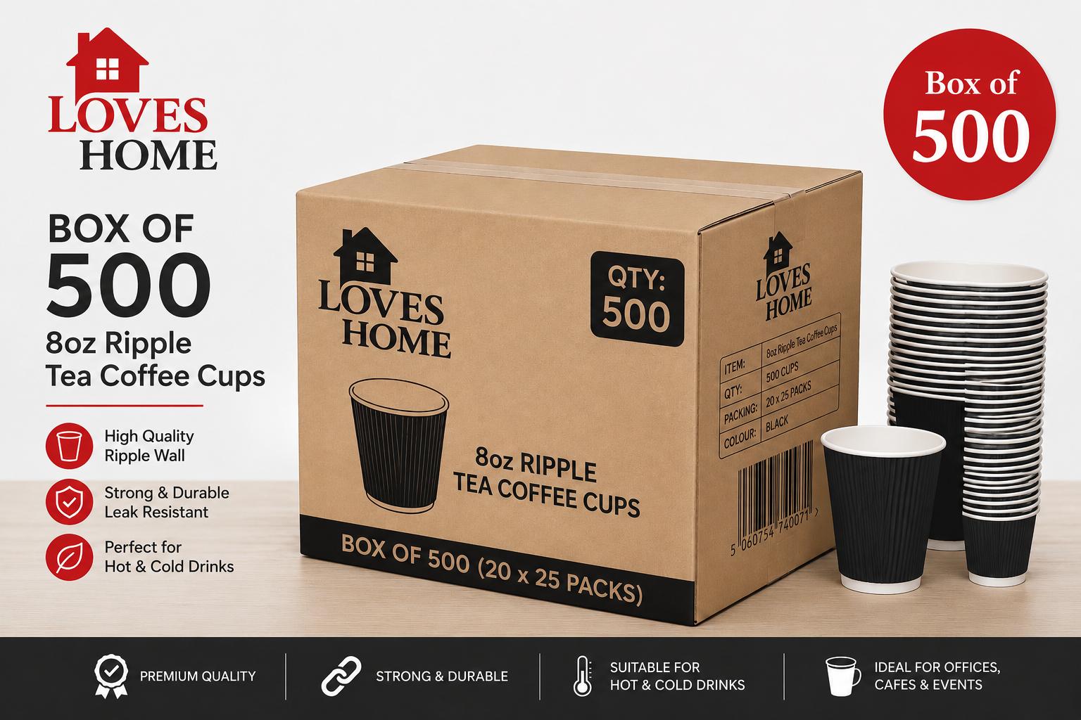 500 x 8oz Ripple Wall Disposable Tea & Coffee Cups – Black or Brown