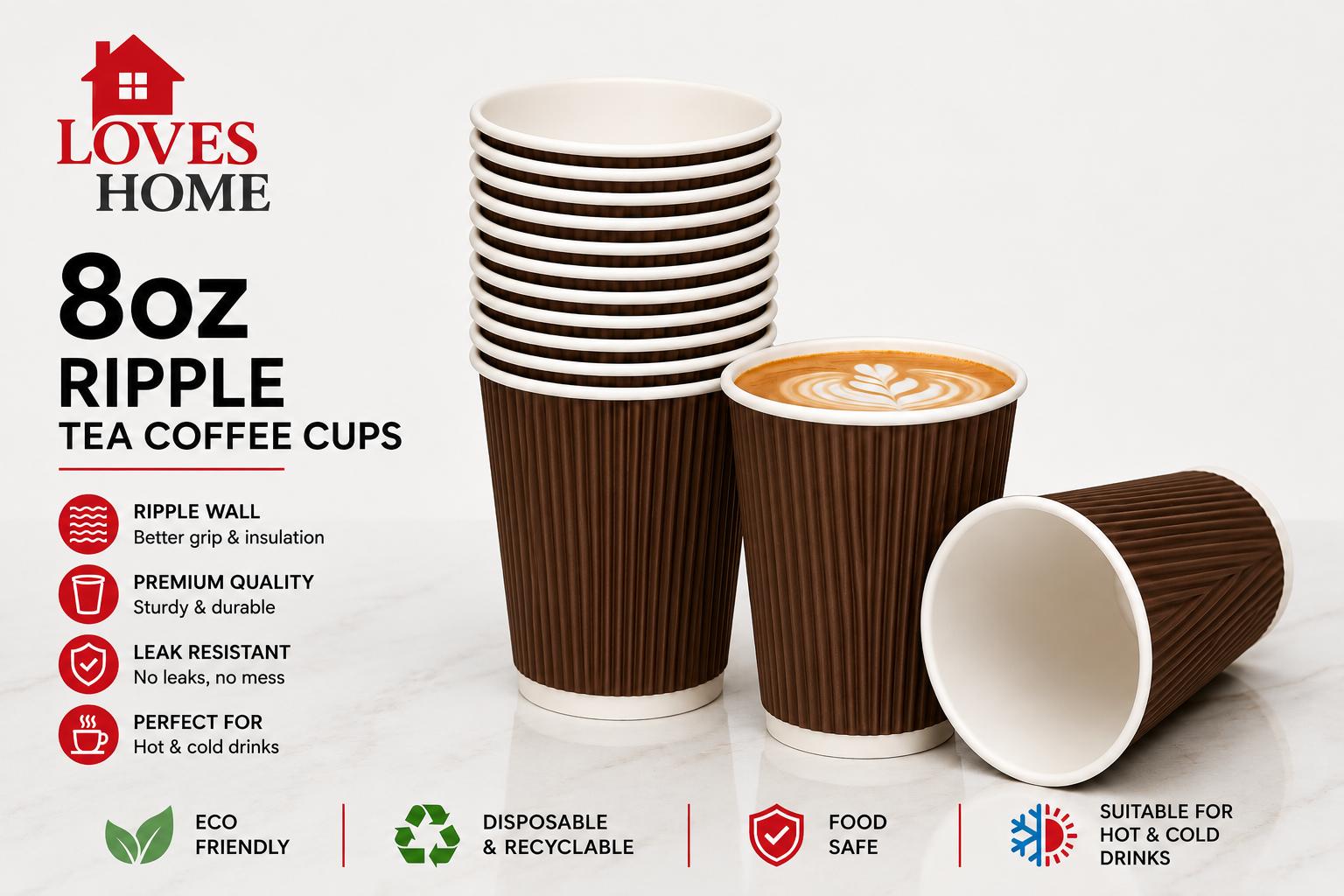 500 x 8oz Ripple Wall Disposable Tea & Coffee Cups – Black or Brown