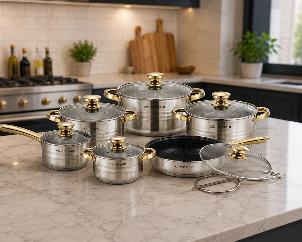 Königsstahl 12 Piece Stainless Steel Cookware Set – Induction Pots & Pans with Glass Lids