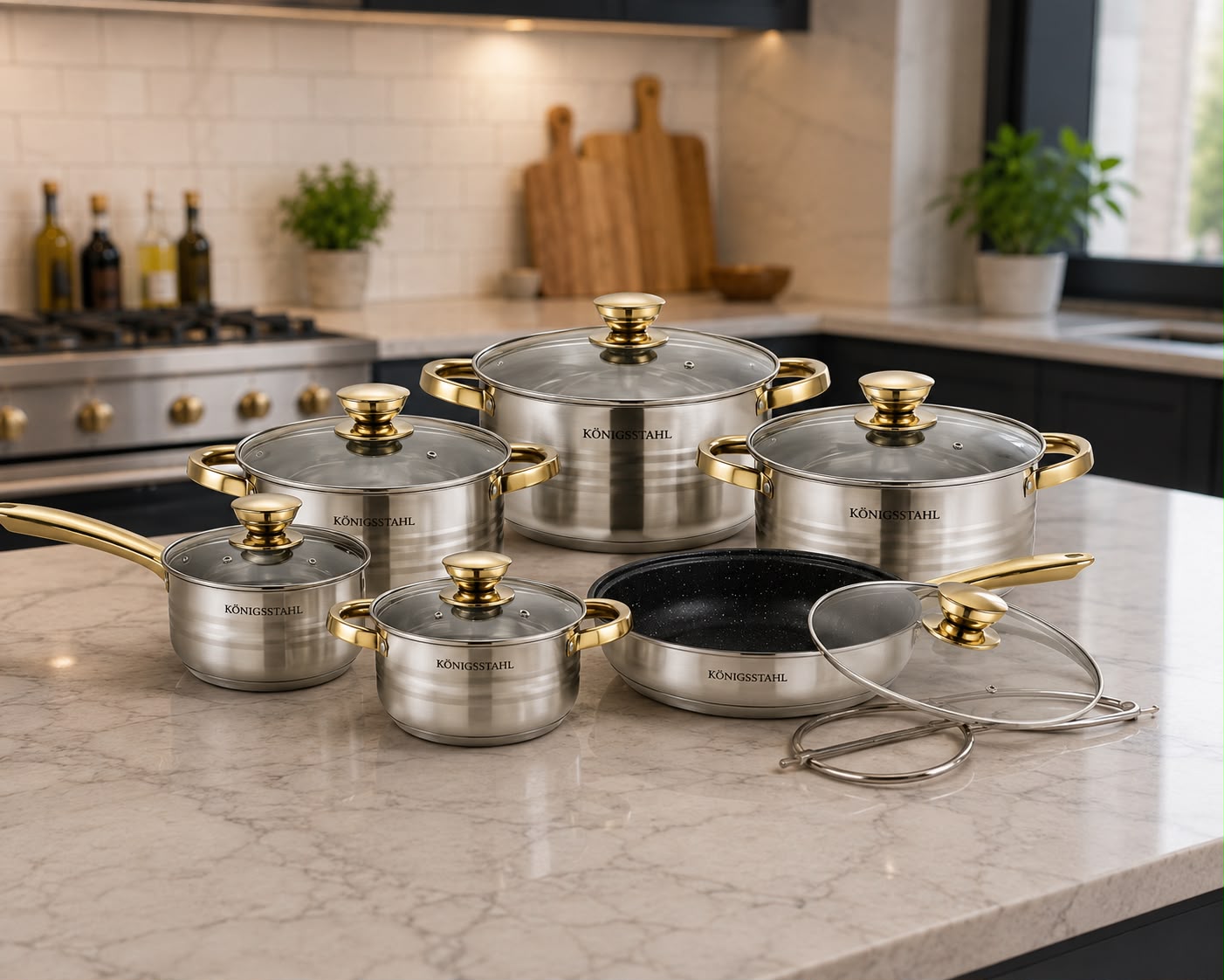 Königsstahl 12 Piece Stainless Steel Cookware Set – Induction Pots & Pans with Glass Lids