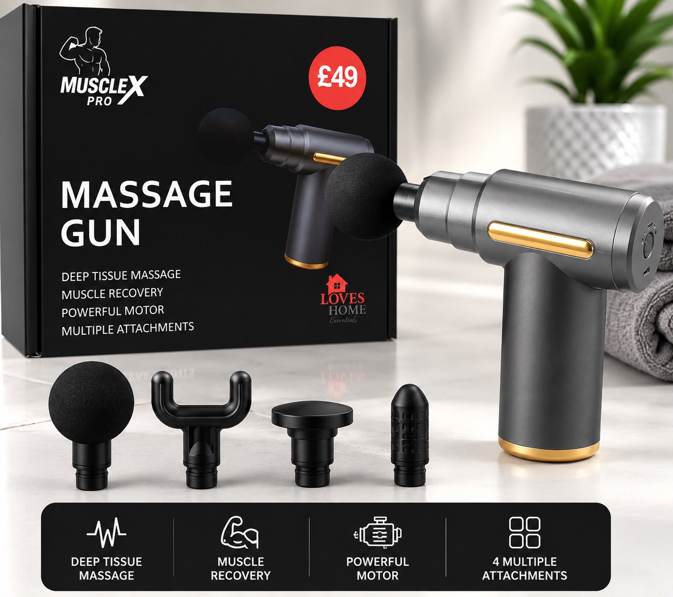 MuscleX Pro Deep Tissue Massage Gun with 4 Massage Heads – Portable Muscle Massager