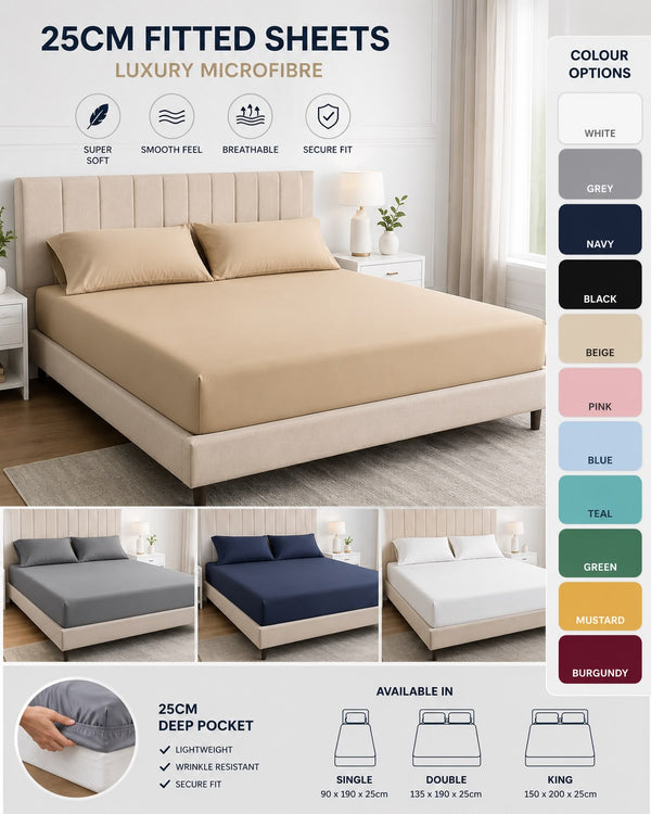 4 Pack Luxury Microfibre 25cm Fitted Sheets – Assorted Colours – Single, Double & King