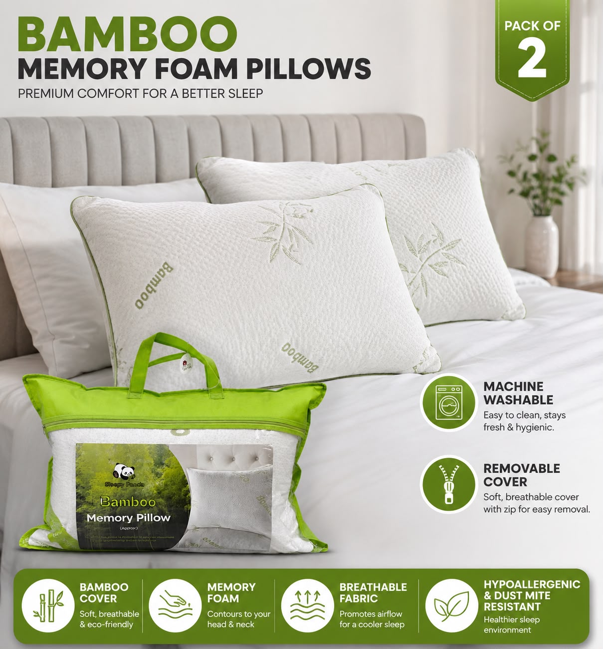 Sleepy Panda Bamboo Memory Foam Pillows – Pack of 2 with Removable Washable Covers