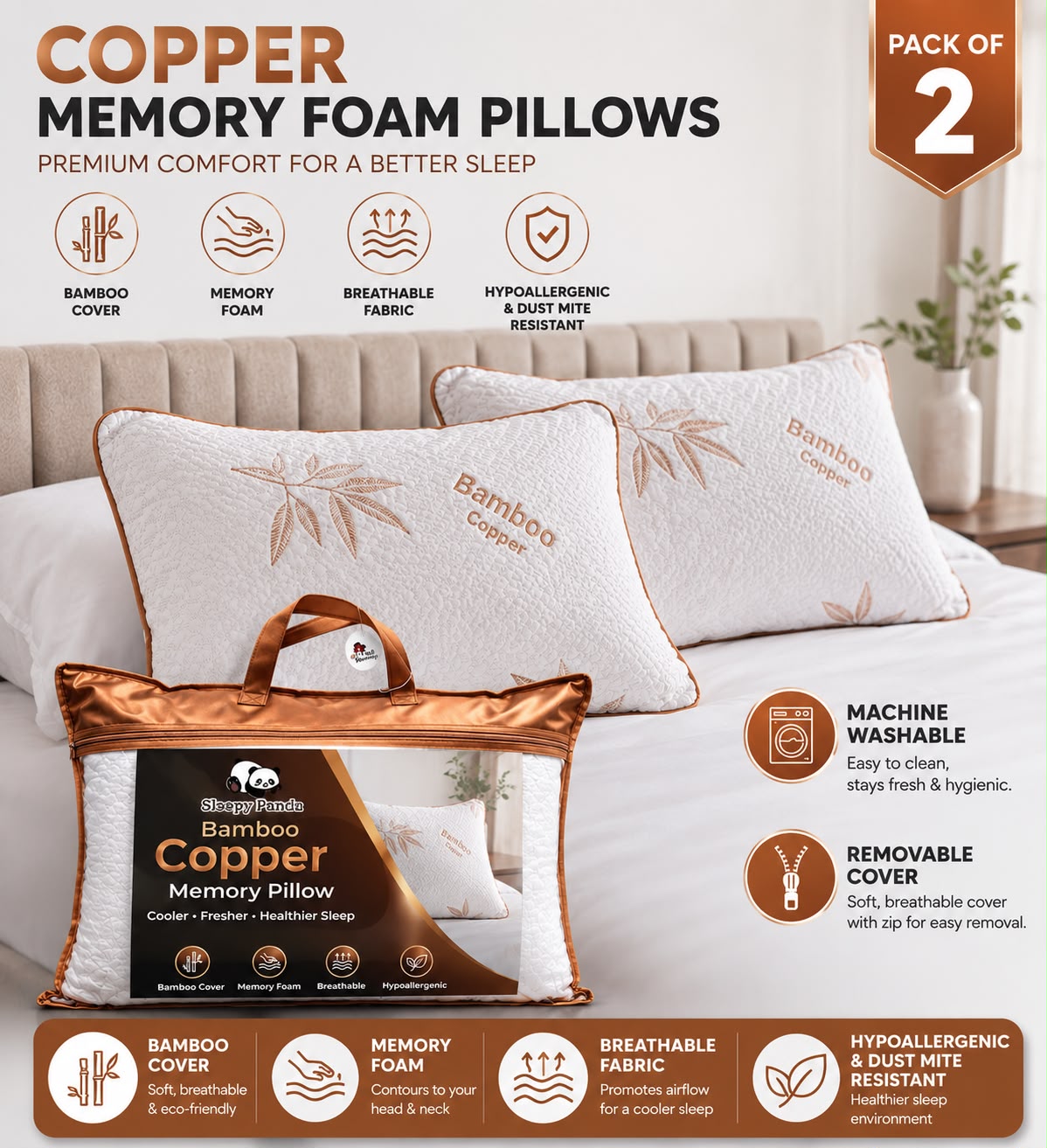 Sleepy Panda Bamboo Copper Memory Foam Pillows – Pack of 2 with Removable Covers
