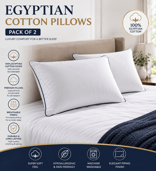 Luxury Egyptian Cotton Pillows – Pack of 2 | Soft Breathable Bed Pillows