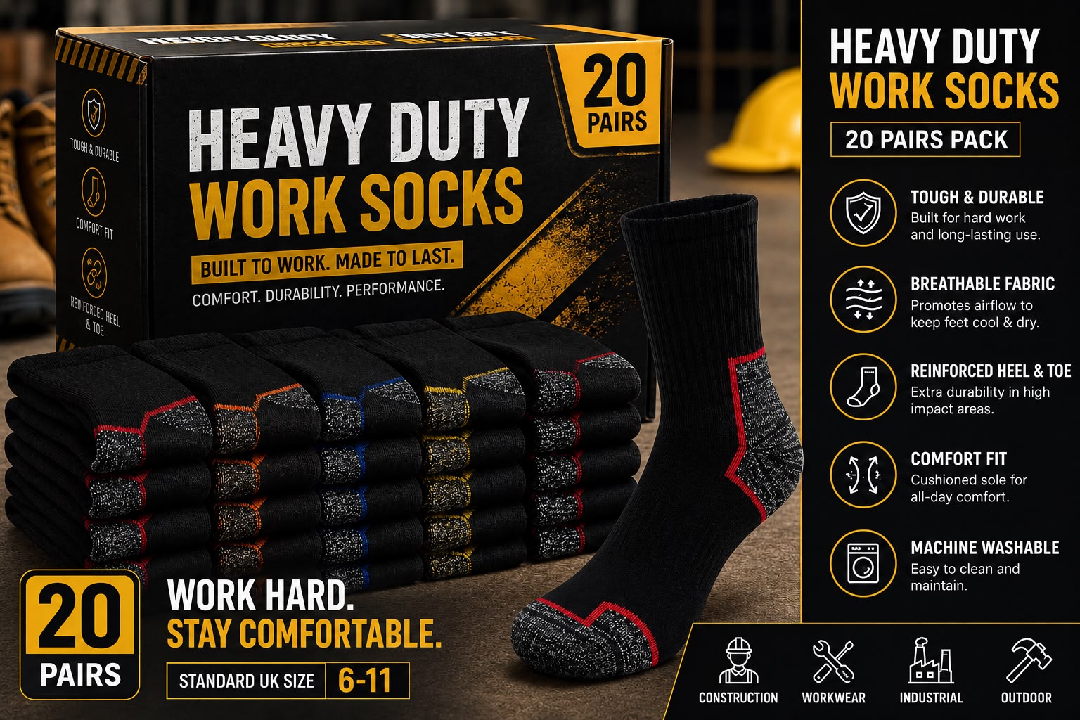 20 Pairs Heavy Duty Work Socks – Men's UK Size 6–11 Reinforced Work Boot Socks