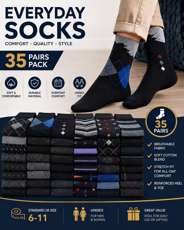 35 Pairs Everyday Socks – Unisex UK Size 6–11 Assorted Cotton Blend Socks