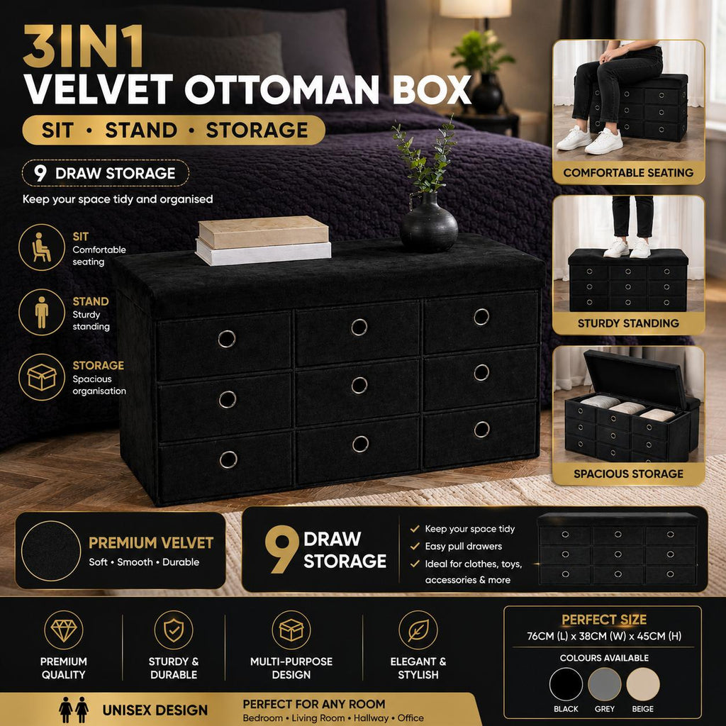 3 in 1 Velvet Ottoman Storage Box with 9 Drawers – Seat, Storage & Footstool