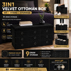 3 in 1 Velvet Ottoman Storage Box with 9 Drawers – Seat, Storage & Footstool