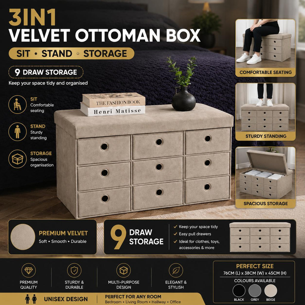 3 in 1 Velvet Ottoman Storage Box with 9 Drawers – Seat, Storage & Footstool