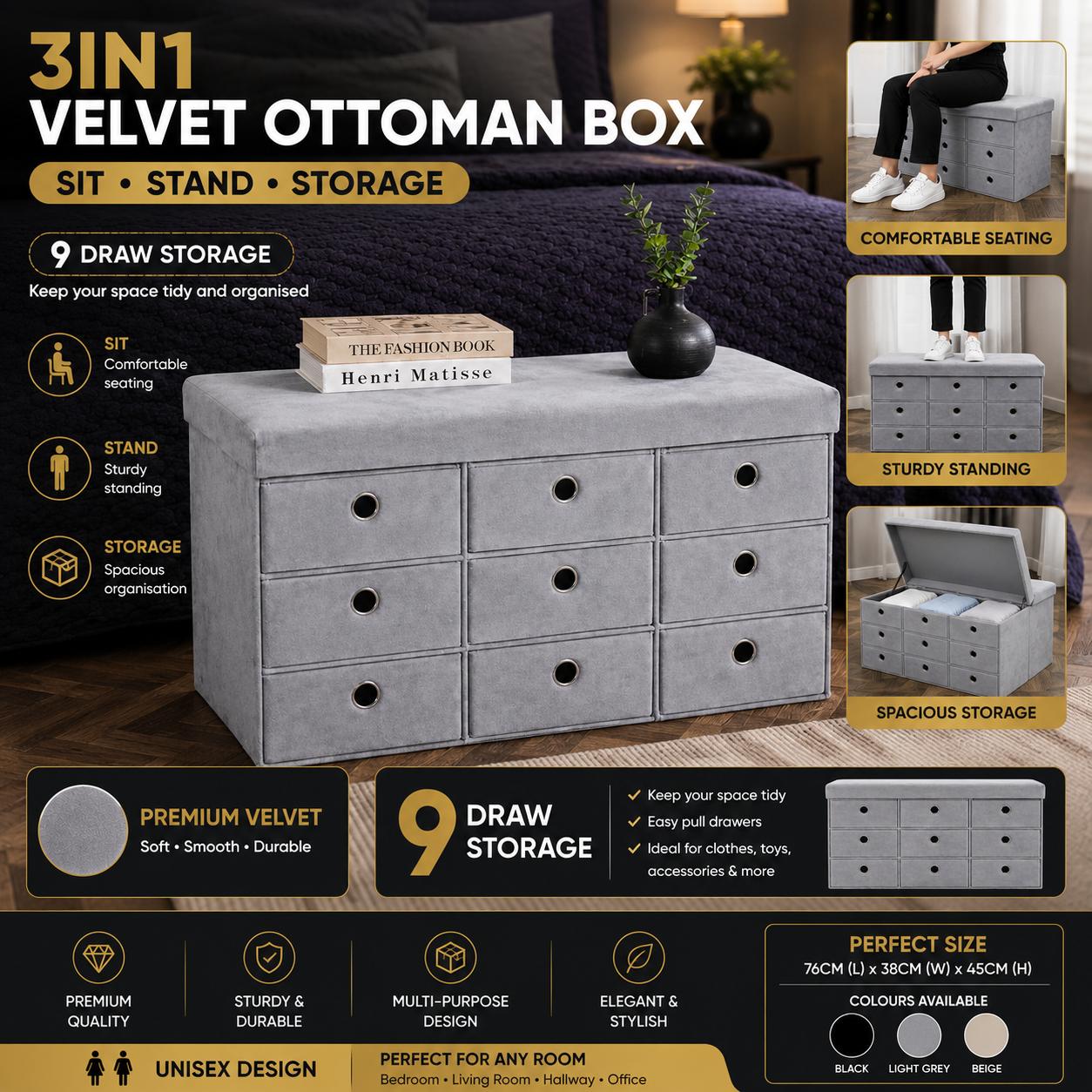 3 in 1 Velvet Ottoman Storage Box with 9 Drawers – Seat, Storage & Footstool