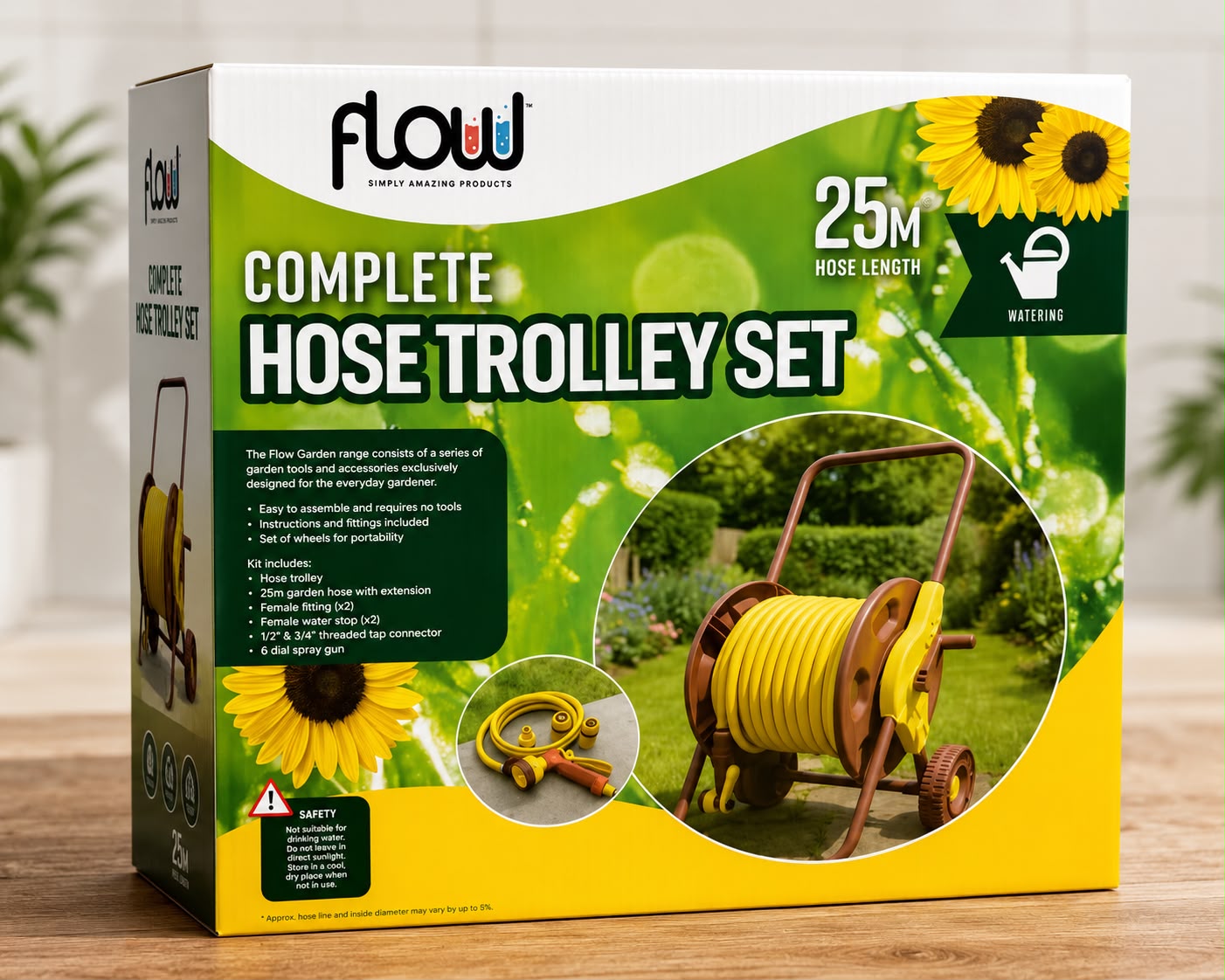 Flow 25m Complete Garden Hose Trolley Set with Spray Gun & Fittings