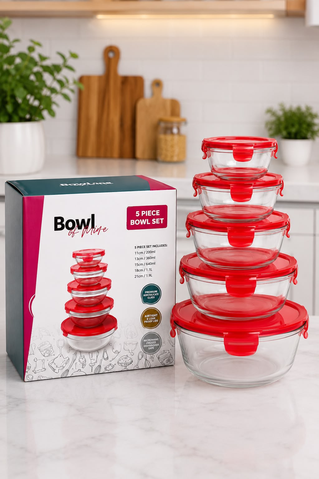5 Piece Glass Food Storage Bowl Set with Airtight Locking Lids