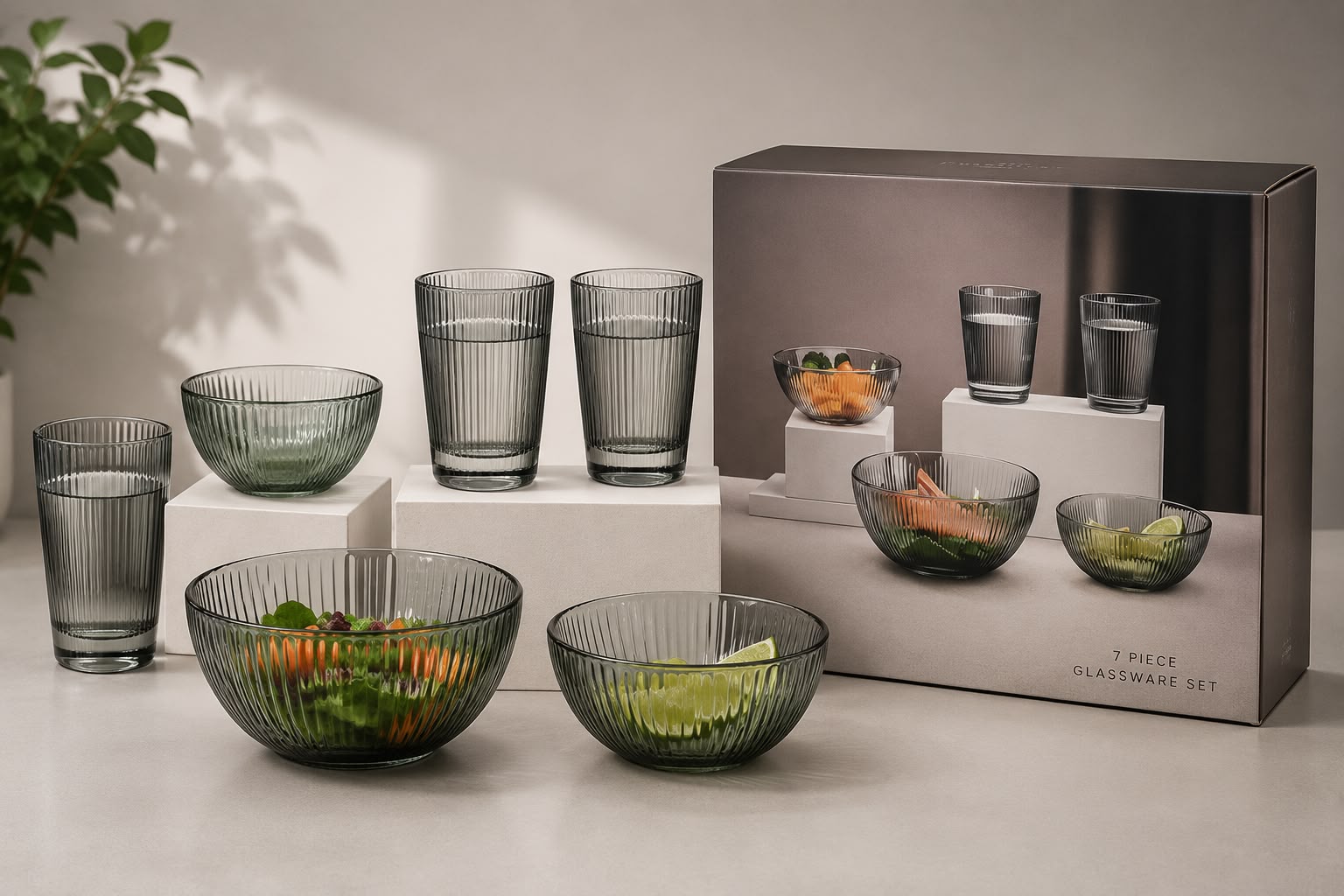 7 Piece Ribbed Glassware Set – Drinking Glasses & Serving Bowls