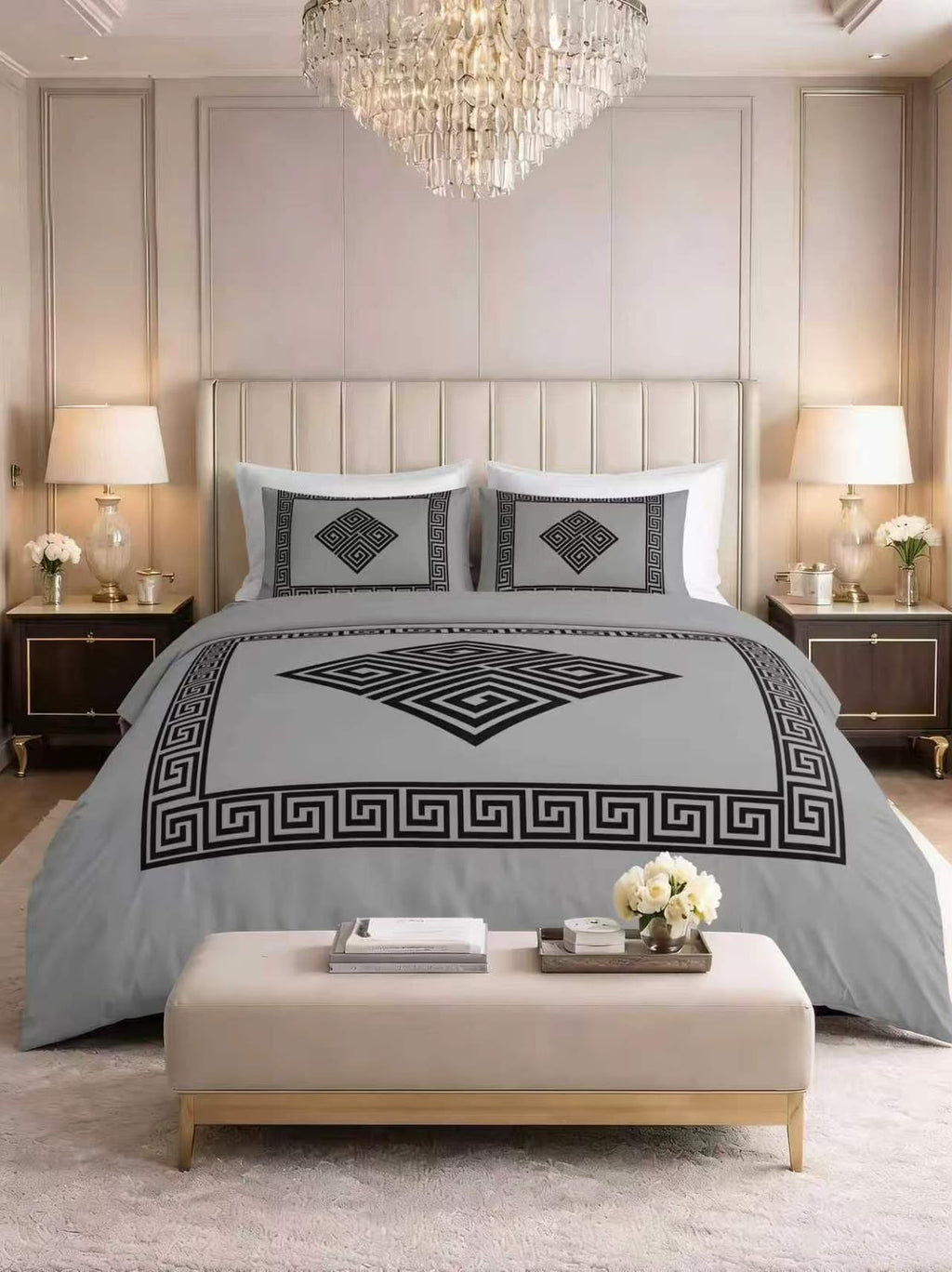 Complete 4 Piece Bed Set – Duvet Cover, Fitted Sheet & 2 Pillowcases - Greek Key