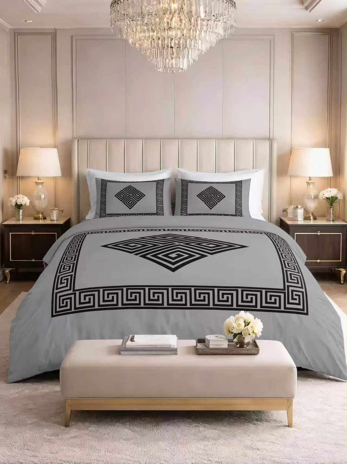 Complete 4 Piece Bed Set – Duvet Cover, Fitted Sheet & 2 Pillowcases - Greek Key