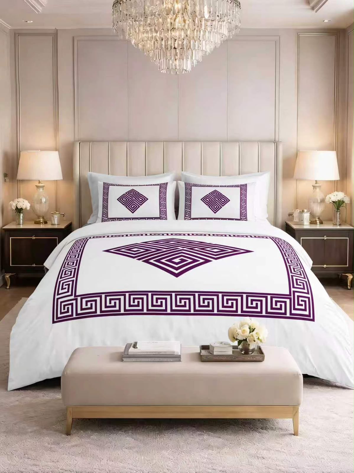 Complete 4 Piece Bed Set – Duvet Cover, Fitted Sheet & 2 Pillowcases - Greek Key