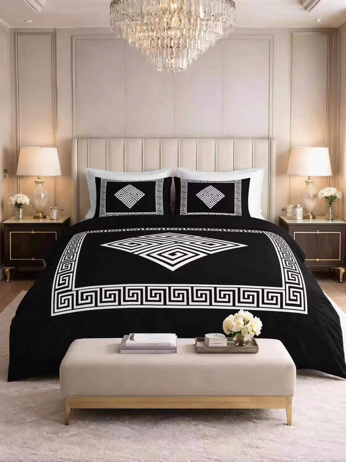 Complete 4 Piece Bed Set – Duvet Cover, Fitted Sheet & 2 Pillowcases - Greek Key