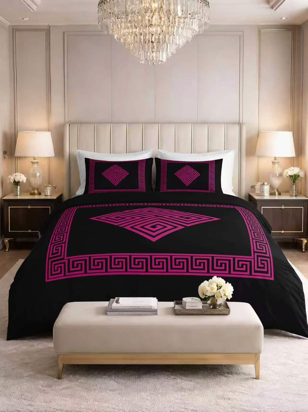 Complete 4 Piece Bed Set – Duvet Cover, Fitted Sheet & 2 Pillowcases - Greek Key