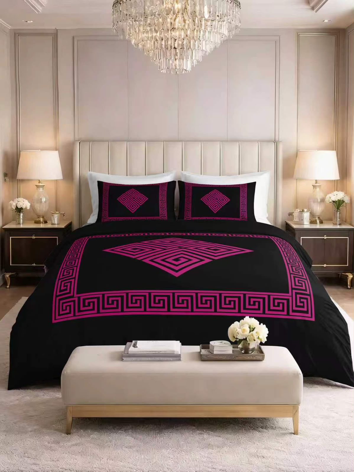 Complete 4 Piece Bed Set – Duvet Cover, Fitted Sheet & 2 Pillowcases - Greek Key