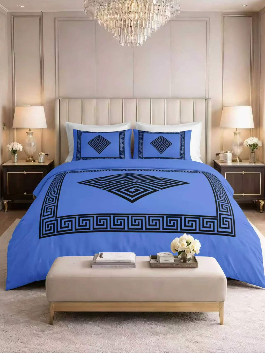 Complete 4 Piece Bed Set – Duvet Cover, Fitted Sheet & 2 Pillowcases - Greek Key
