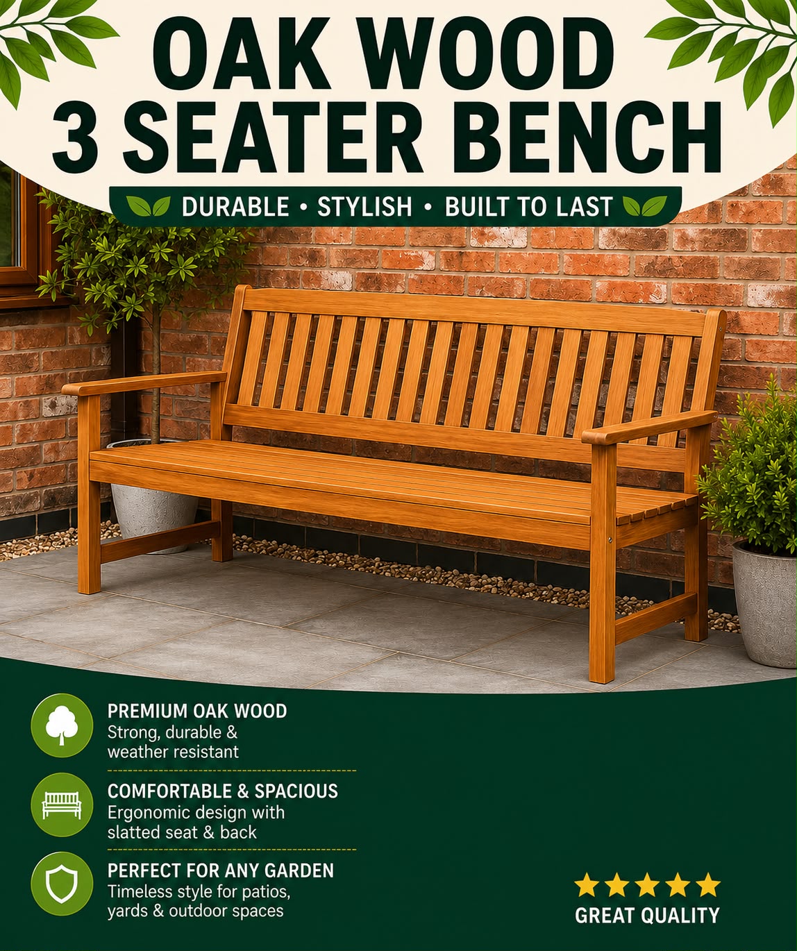 Oak Wood 3 Seater Garden Bench – Wooden Outdoor Patio Bench with Armrests