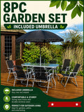 8 Piece Garden Furniture Set – 6 Chairs, Glass Table & Parasol – Outdoor Patio Dining Set
