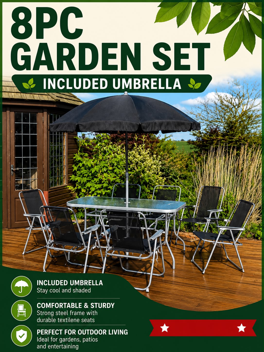 8 Piece Garden Furniture Set – 6 Chairs, Glass Table & Parasol – Outdoor Patio Dining Set