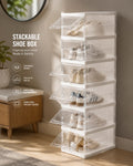 Stackable Clear Shoe Storage Boxes with Front Opening Door – Set of 6 – Foldable Shoe Organiser