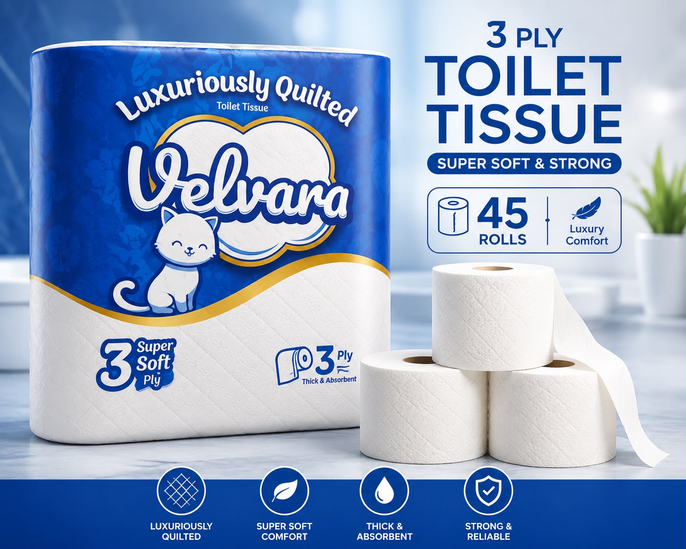 Velvara Luxury 3 Ply Toilet Tissue – 45 Roll Family Pack – Super Soft & Strong