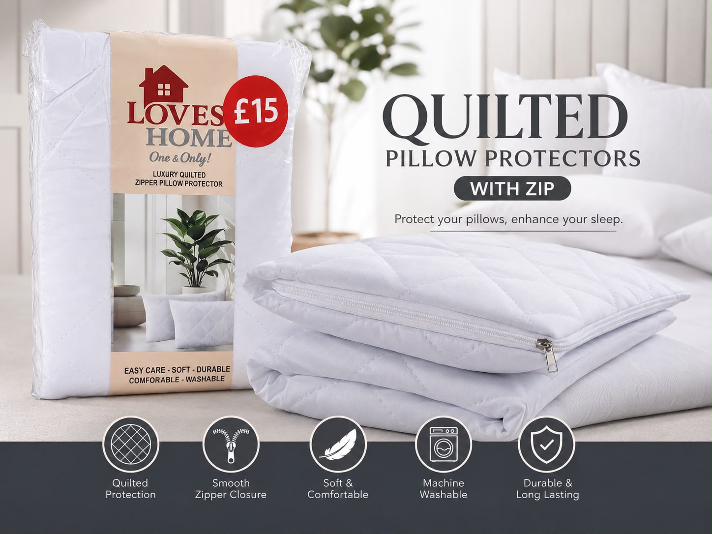 Luxury Quilted Pillow Protectors with Zip – Pair – Soft, Washable & Durable