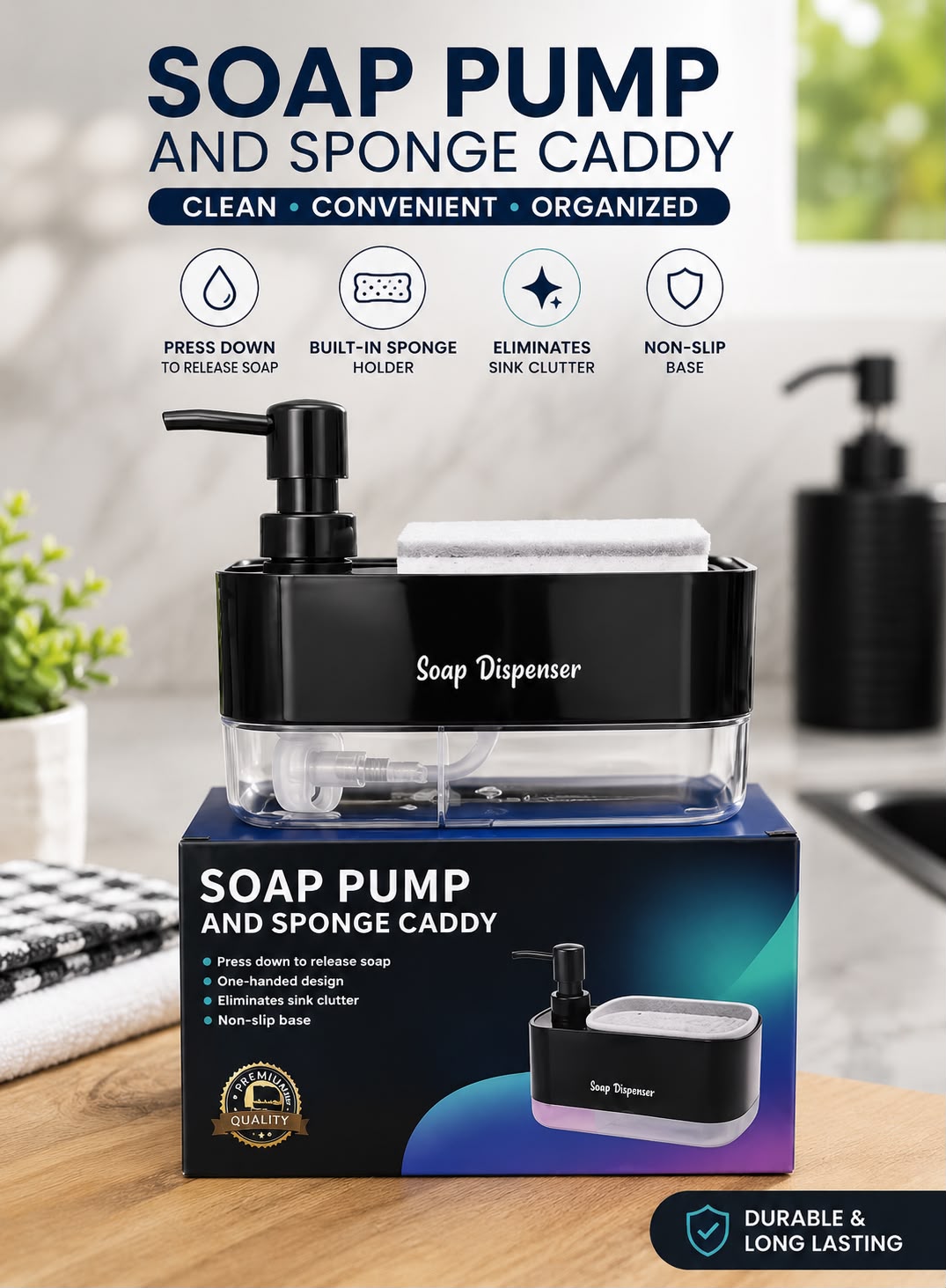 Soap Pump Dispenser with Sponge Caddy – Kitchen Sink Soap Dispenser & Sponge Holder