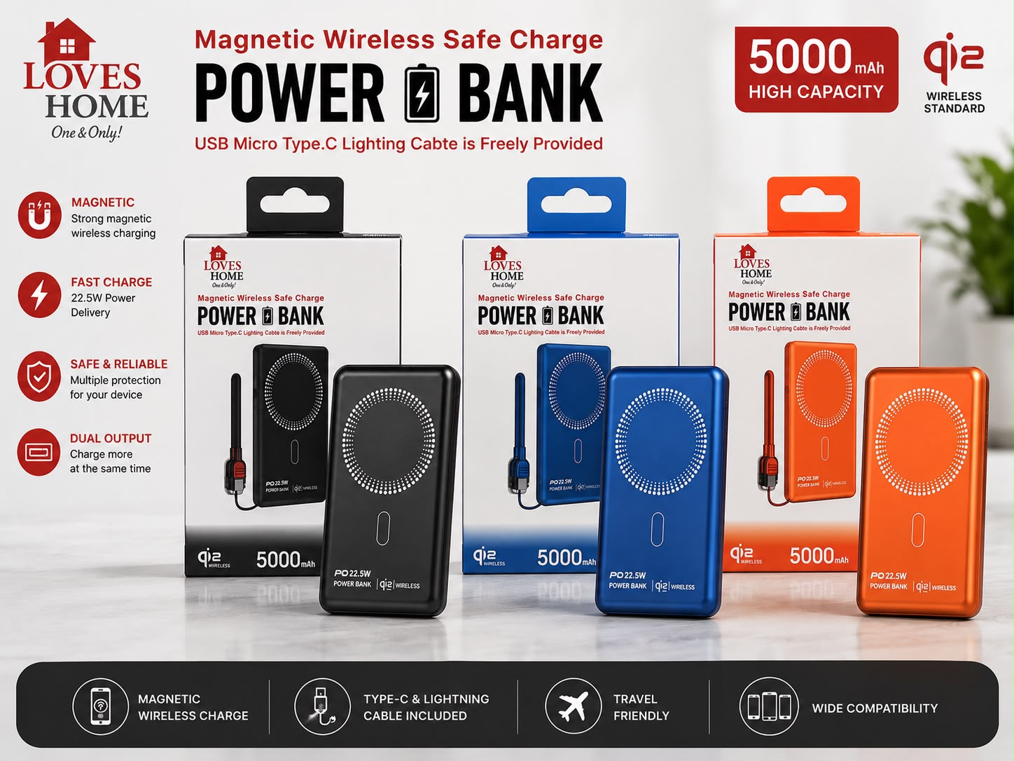 5000mAh Magnetic Wireless Power Bank with Fast Charging | Qi2 Compatible