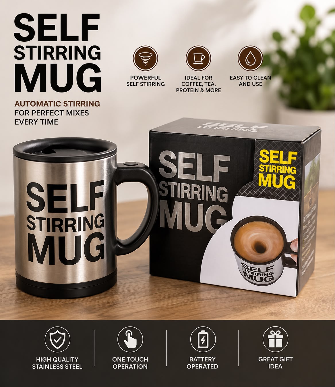 Self Stirring Mug | Automatic Stainless Steel Coffee Mug