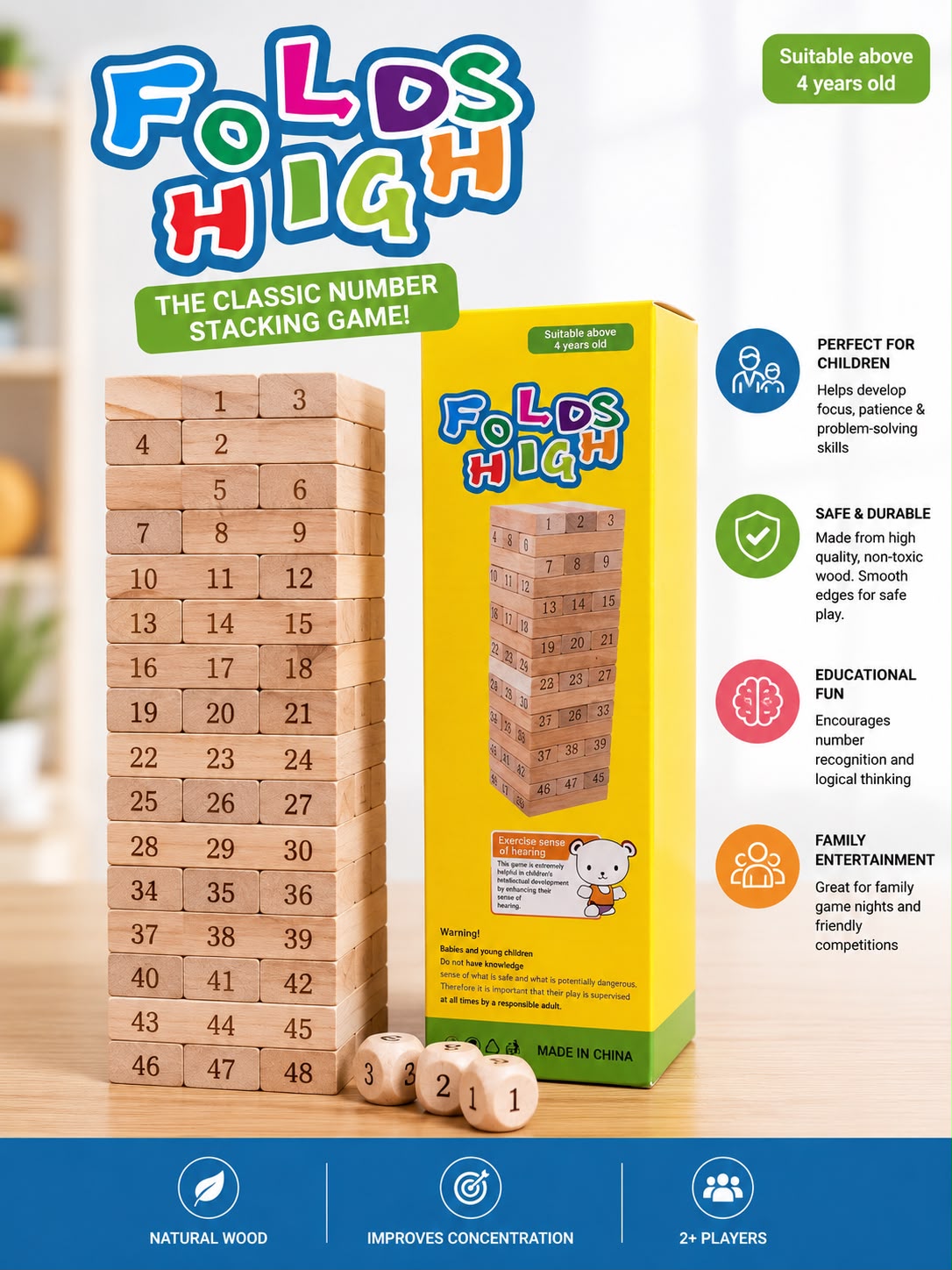 Folds High Wooden Stacking Tower Game | Family Block Balance Game with Dice