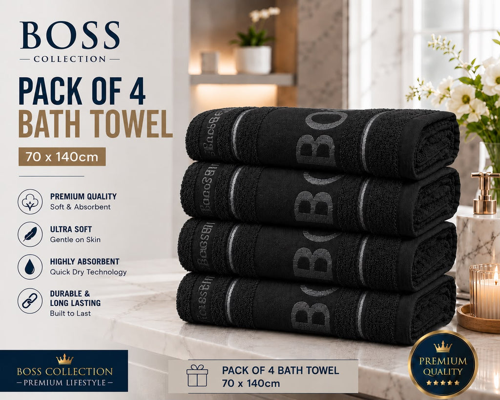 Boss Collection Pack of 4 Luxury Bath Towels | 70 x 140cm | Ultra Soft & Highly Absorbent