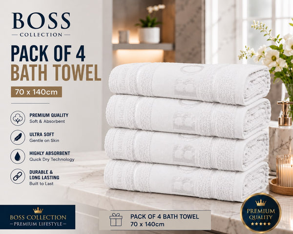 Boss Collection Pack of 4 Luxury Bath Towels | 70 x 140cm | Ultra Soft & Highly Absorbent