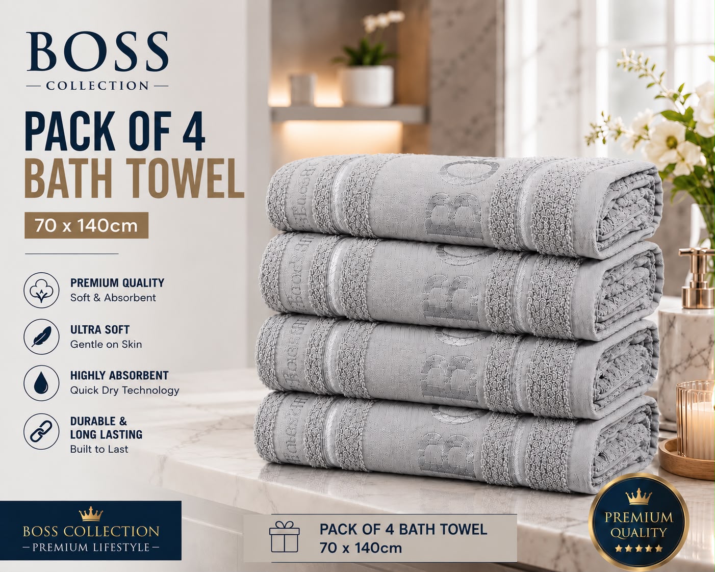 Boss Collection Pack of 4 Luxury Bath Towels | 70 x 140cm | Ultra Soft & Highly Absorbent