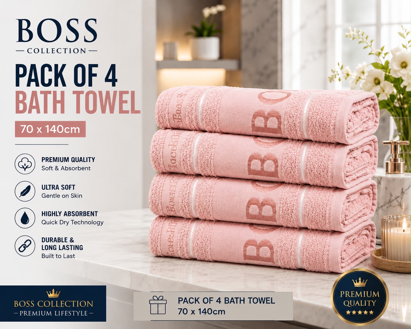 Boss Collection Pack of 4 Luxury Bath Towels | 70 x 140cm | Ultra Soft & Highly Absorbent