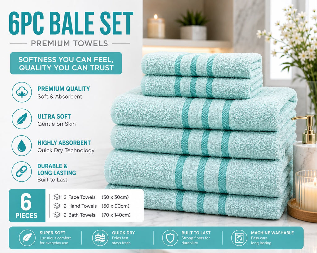 6 Piece Premium Towel Bale Set | 2 Bath Towels, 2 Hand Towels & 2 Face Cloths | Ultra Soft & Highly Absorbent