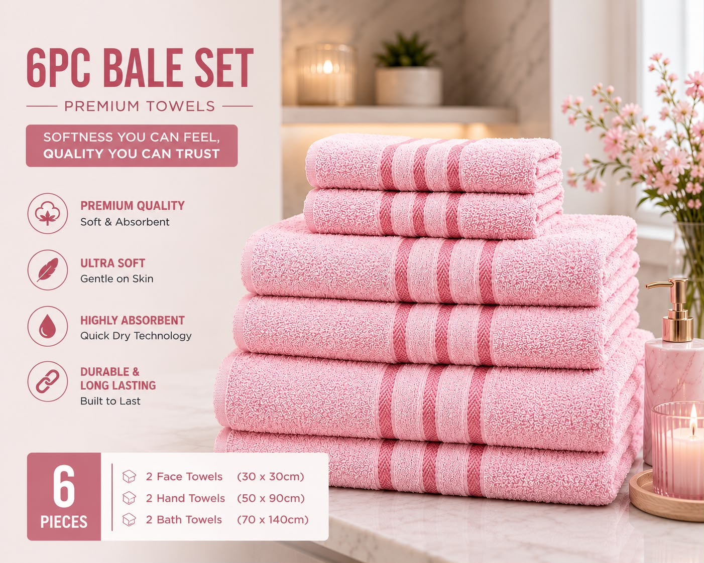6 Piece Premium Towel Bale Set | 2 Bath Towels, 2 Hand Towels & 2 Face Cloths | Ultra Soft & Highly Absorbent