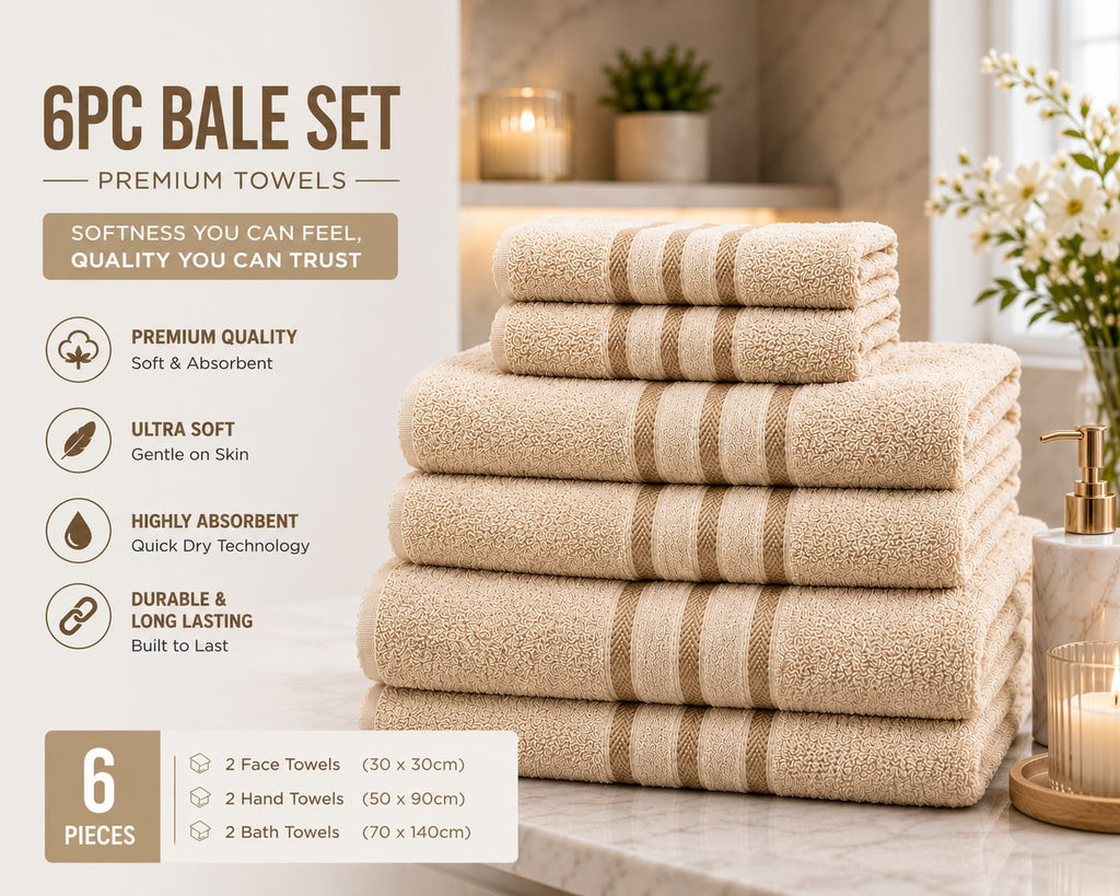 6 Piece Premium Towel Bale Set | 2 Bath Towels, 2 Hand Towels & 2 Face Cloths | Ultra Soft & Highly Absorbent