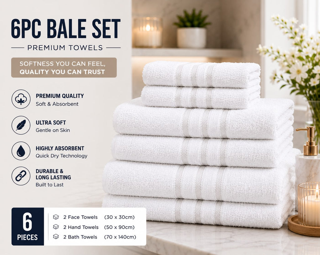 6 Piece Premium Towel Bale Set | 2 Bath Towels, 2 Hand Towels & 2 Face Cloths | Ultra Soft & Highly Absorbent