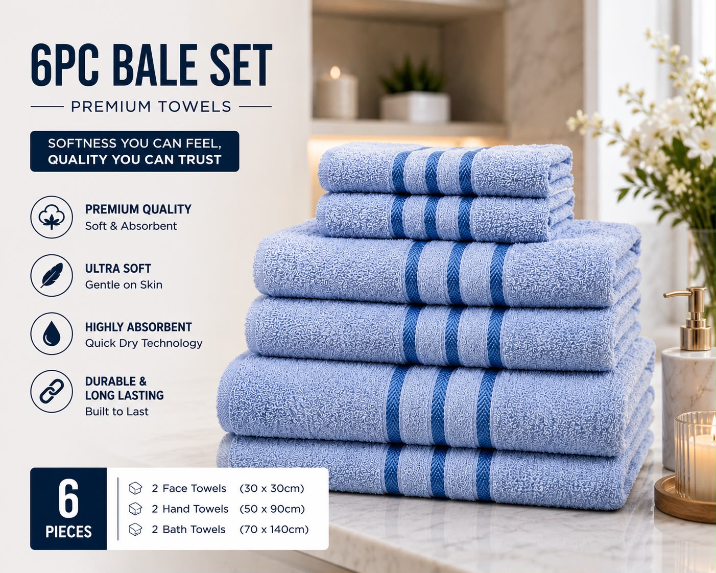 6 Piece Premium Towel Bale Set | 2 Bath Towels, 2 Hand Towels & 2 Face Cloths | Ultra Soft & Highly Absorbent