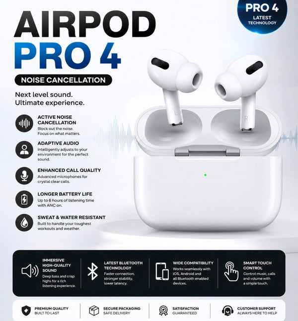 AirPod Pro 4 Wireless Bluetooth Earbuds | Noise Cancelling | Touch Control | Charging Case | iOS & Android Compatible