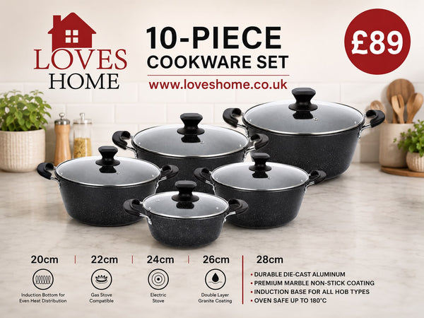 10 Piece Non-Stick Cookware Set | Marble Granite Coating | Induction Compatible | Glass Lids