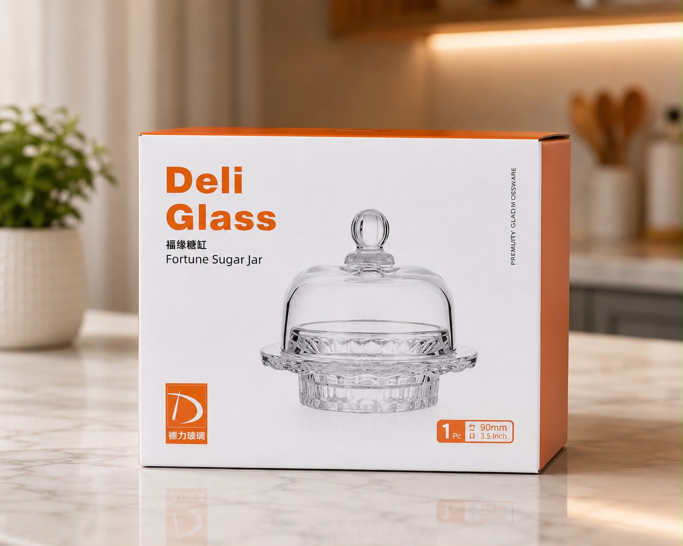 Deli Glass Fortune Sugar Jar with Lid | Crystal Clear Glass Storage Pot | 90mm